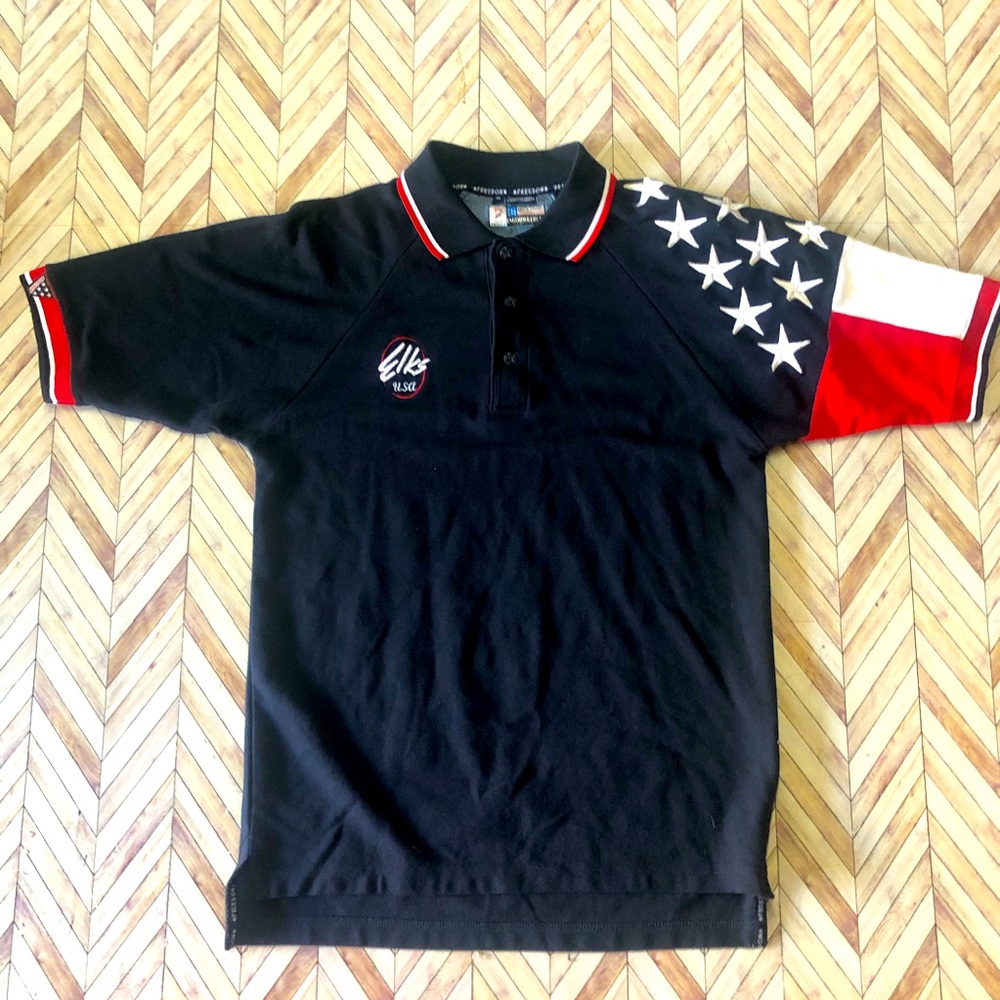 Elks Club USA Mens American Flag Polo Size Medium. In God We Trust.